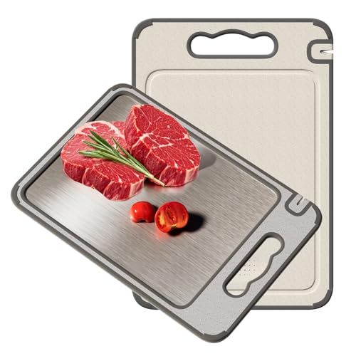 Schneidebrett für Küche, Doppelseitiges Schneidebrett aus 304 Edelstahl und Weizenstroh Kunststoff, Cutting Board für Fleisch, Brot, Gemüse & Obst, Schneidebretter Spülmaschinenfest von DEUXYU