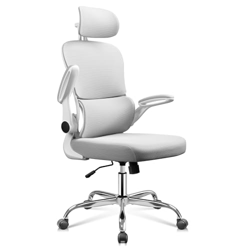 DEVAISE Bürostuhl Ergonomisch, Schreibtischstuhl mit Lendenwirbelstütze, 3D-Kopfstütze, 90° Klappbaren Armlehnen und Atmungsaktivem Netzrücken, Wippfunktion für Büro & Homeoffice, bis 150kg von DEVAISE