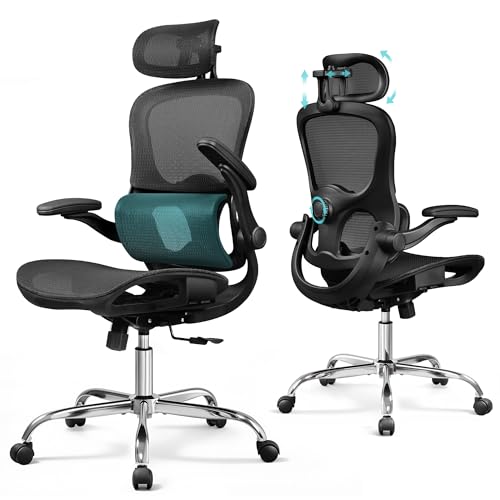 DEVAISE Bürostuhl Ergonomisch: Schreibtischstuhl mit Segmentierter Rückenlehne, Verstellbarer Kopfstütze und Lendenwirbelstütze, 4D-Armlehnen, Wippfunktion, Hohe Lehne, für Büro, bis 180kg, Schwarz von DEVAISE