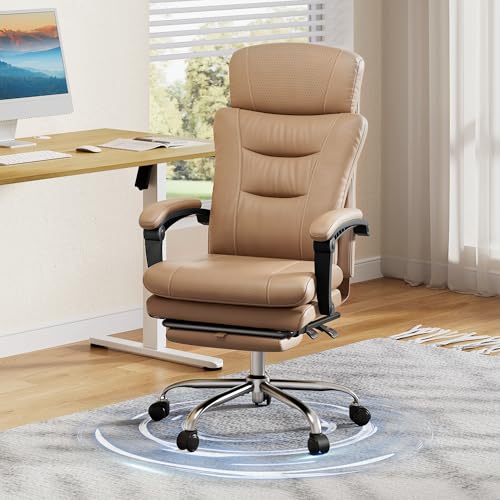 DEVAISE Chefsesse PU Leder: Bürostuhl Ergonomisch mit Fußstütze und Lendenwirbelstütze, Wippfunktion und Winkelverriegelung, Hohe Rückenlehne, Höhenverstellbar, Liegestuhl für Büro & Zuhause Braun von DEVAISE