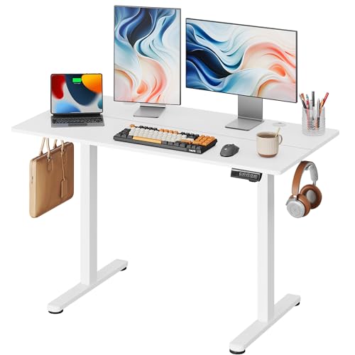 DEVAISE Höhenverstellbarer Schreibtisch 120x60 cm mit Leisemotor und Memory-Funktion für 3 Höhen, Sitz-Steh-Schreibtisch, Höhenverstellung 72–118 cm, Ergonomischer Computertisch für Büro,Weiß von DEVAISE