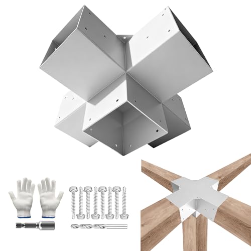 DEVALLEY 5-Wege-Pergola-Halterungs-Set, kreuzförmige Holzarbeits-Halterungen für 10,2 x 10,2 cm (tatsächlich: 8,9 x 8,9 cm) Holz, weiße Metallhalterung für Terrassen-Pergolen, Pavillons, Blockhütte von DEVALLEY