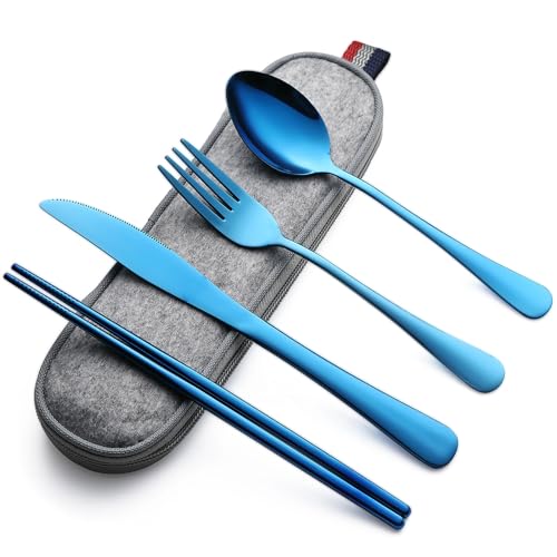 DEVICO Camping Besteck, Edelstahl Reisebesteck, 5-Teiliges Outdoor Cutlery Set mit Messer, Gabel, Löffel, Essstäbchen und Etui - Ideales Besteckset für Unterwegs (Blau) von DEVICO