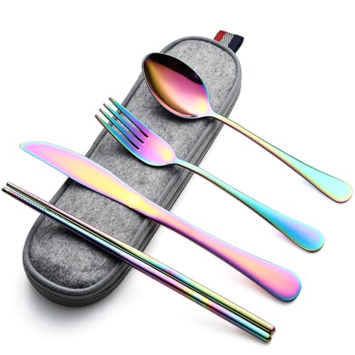 DEVICO Camping Besteck, Edelstahl Reisebesteck, 5-Teiliges Outdoor Cutlery Set mit Messer, Gabel, Löffel, Essstäbchen und Etui - Ideales Besteckset für Unterwegs (Regenbogen) von DEVICO