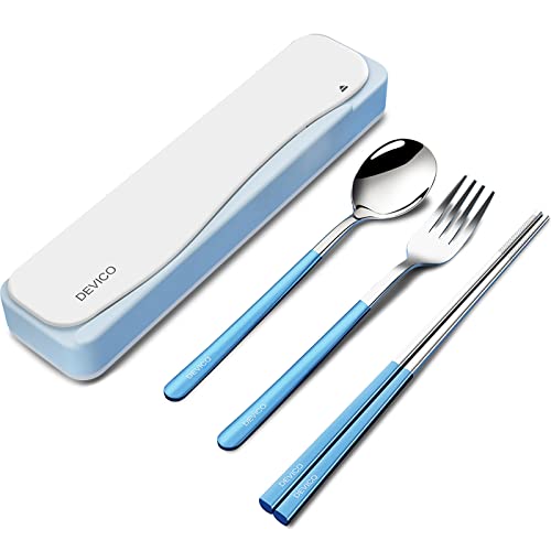 DEVICO Reisebesteck 18/8 Edelstahl - 4-Teiliges Camping Besteck set mit Gabel, Löffel, Essstäbchen und Etui - Perfektes Tragbares Essbesteck Set für Erwachsene und Jugend (Blau) von DEVICO