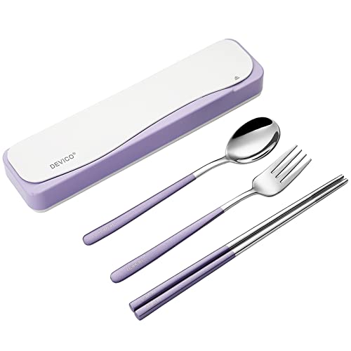 DEVICO Reisebesteck 18/8 Edelstahl - 4-Teiliges Camping Besteck set mit Gabel, Löffel, Essstäbchen und Etui - Perfektes Tragbares Essbesteck Set für Erwachsene und Jugend (Lila) von DEVICO