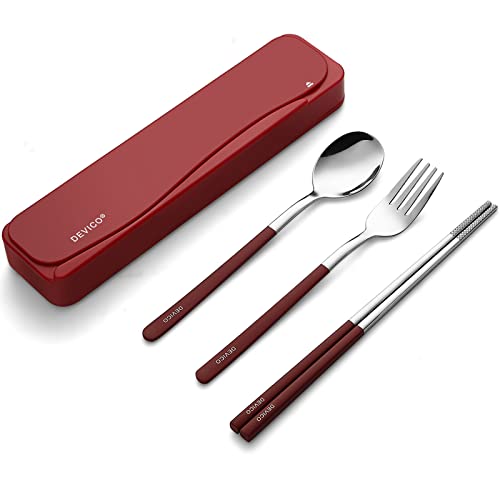DEVICO Reisebesteck 18/8 Edelstahl - 4-Teiliges Camping Besteck set mit Gabel, Löffel, Essstäbchen und Etui - Perfektes Tragbares Essbesteck Set für Erwachsene und Jugend （Rot） von DEVICO