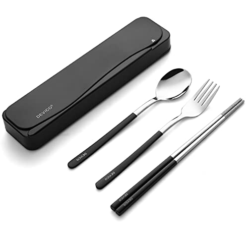 DEVICO Reisebesteck 18/8 Edelstahl - 4-Teiliges Camping Besteck set mit Gabel, Löffel, Essstäbchen und Etui - Perfektes Tragbares Essbesteck Set für Erwachsene und Jugend (Schwarz) von DEVICO