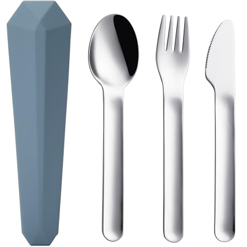 DEVICO Reisebesteck mit Etui, Camping Besteckset 1 Person, 18/8 Edelstahl Outdoor Besteck to Go mit Messer, Gabel, Löffel und Etui - Spülmaschinenfest, Ideales Besteck für Unterwegs (Blau) von DEVICO