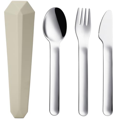 DEVICO Reisebesteck mit Etui, Camping Besteckset 1 Person, 18/8 Edelstahl Outdoor Besteck to Go mit Messer, Gabel, Löffel und Etui - Spülmaschinenfest, Ideales Besteck für Unterwegs (Kaki) von DEVICO