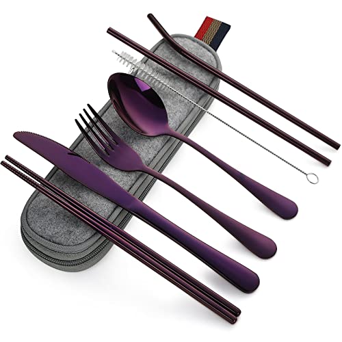 DEVICO Tragbares Camping Besteck - 8-Teiliges Edelstahl Reisebesteck mit Messer, Gabel, Löffel, Essstäbchen, Strohhalmen, Reinigungsbürste und Etui - Ideales Besteck Set für Unterwegs (Purpur) von DEVICO