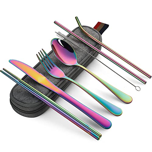 DEVICO Tragbares Camping Besteck - 8-Teiliges Edelstahl Reisebesteck mit Messer, Gabel, Löffel, Essstäbchen, Strohhalmen, Reinigungsbürste und Etui - Ideales Besteck Set für Unterwegs (Regenbogen) von DEVICO