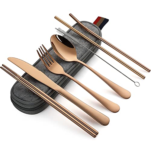 DEVICO Tragbares Camping Besteck - 8-Teiliges Edelstahl Reisebesteck mit Messer, Gabel, Löffel, Essstäbchen, Strohhalmen, Reinigungsbürste und Etui - Ideales Besteck Set für Unterwegs (Roségold) von DEVICO