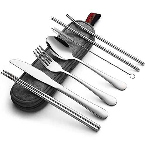 DEVICO Tragbares Camping Besteck - 8-Teiliges Edelstahl Reisebesteck mit Messer, Gabel, Löffel, Essstäbchen, Strohhalmen, Reinigungsbürste und Etui - Ideales Besteck Set für Unterwegs (Silber) von DEVICO