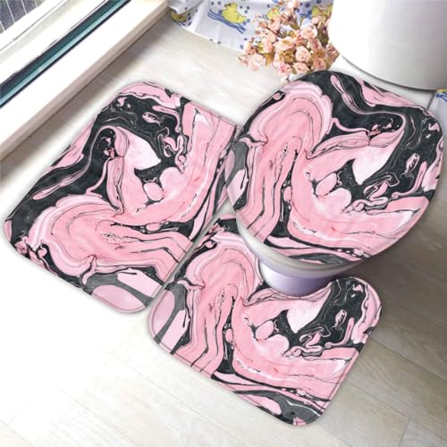 Badezimmerteppich-Set 3Teilig Marmor 3D Weichen Mikrofasern Pink Schwarz Saugfähige Teppich WC-Deckelbezug U-Förmige Matte Maschinenwaschbar für Badewanne Dusche 50X80 von DEVOKE