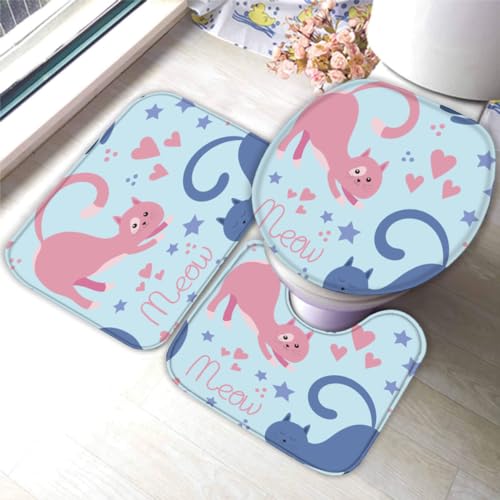 DEVOKE Badezimmer Badematte 3 Teilig Set Katze 3D Weichen Mikrofasern Pink Blau Saugfähige Teppich,WC-Deckelbezug,U-Förmige Matte Maschinenwaschbar Badvorleger 40X60 von DEVOKE