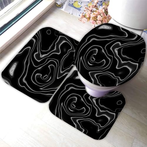 DEVOKE Badezimmer Badematte 3 Teilig Set Marmor 3D Weichen Mikrofasern Schwarz-Weiss Saugfähige Teppich,WC-Deckelbezug,U-Förmige Matte Maschinenwaschbar Badvorleger 40X60 von DEVOKE