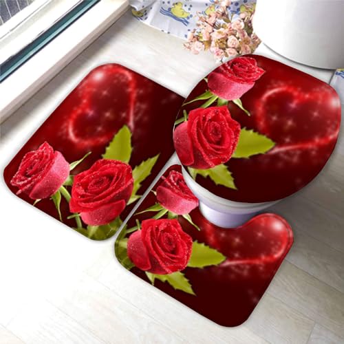 DEVOKE Badezimmer Badematte 3 Teilig Set Rose 3D Weichen Mikrofasern Rot Saugfähige Teppich,WC-Deckelbezug,U-Förmige Matte Maschinenwaschbar Badvorleger 40X60 von DEVOKE