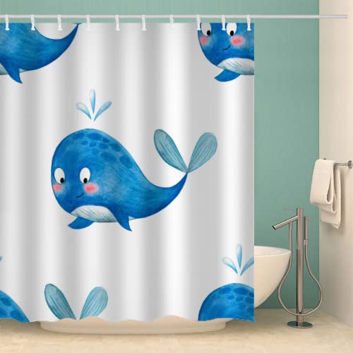 DEVOKE Duschvorhang Anti schimmel 120x180cm Cartoon-Wal 3D Motiv Wasserdicht waschbar Shower Curtains Polyester Stoff Meereslebewesen, Blau für Badezimmer Badewanne mit 12 Duschvorhangringen von DEVOKE