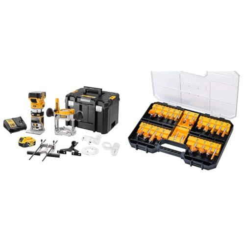 DEWALT DCW 604 P2 Akku Kombifräse 18V 55 mm + 2x Akku 5,0Ah + Ladegerät + TSTAK & Fräser-Set 22 tlg. (Nutfräser, Zinkenfräser, Hohlkehlfräser, in Aufbewahrungsbox mit Klarsichtdeckel) DT90017-QZ von DEWALT