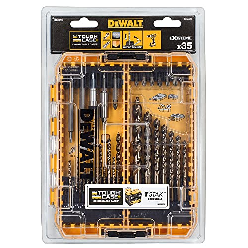 DEWALT Extreme 2 HSS-G Metallbohrer, Bit-Set DT70756(35-teilig,mit Zentrierspitze,hohe Bruchsicherheit,in kleinem ToughCase mit Torsion Bits,für den Einsatz in Stahl, Eisen,Messing, Holz),Gelb/Schwarz von DeWalt