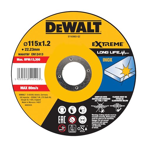 Dewalt Extreme Trennscheibe DT43903 (Ø 115mm x 1,2mm, Typ 41 (flach), Bohrung 22,23 mm, für Inox-Stahl, mit Aluminiumoxid, für den Einsatz auf Kabel- & Akku-Winkelschleifern, mit OSA-Zertifizierung) Dewalt Extreme Trennscheibe DT43903 (Ø 115mm x 1,2mm, Typ 41 (flach), Bohrung 22,23 mm, für Inox-Stahl, mit Aluminiumoxid, für den Einsatz auf Kabel- & Akku-Winkelschleifern, mit OSA-Zertifizierung) von DEWALT