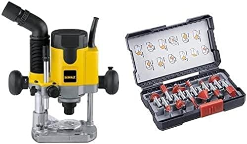 DeWalt 1.100 Watt Oberfräse (Leerlaufdrehzahl 8.000-24.000 min-1, Fräskorbhub 55 mm, max Fräs-ø 36 mm, Vollwellenelektronik, Sanftanlauf, inkl. Zubehör) + Fräser-Set von DEWALT