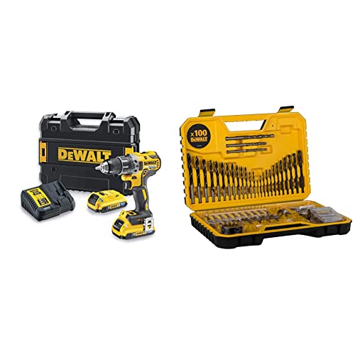 DeWalt Akku-Bohrschrauber/Akkuschrauber (18V, 2.0 Ah, bürstenlos, mit Zwei-Gang-Vollmetallgetriebe, 15 Drehmomentstufen) & DT71563, QZ Kombination Bohrer Set 100 Teile von DEWALT