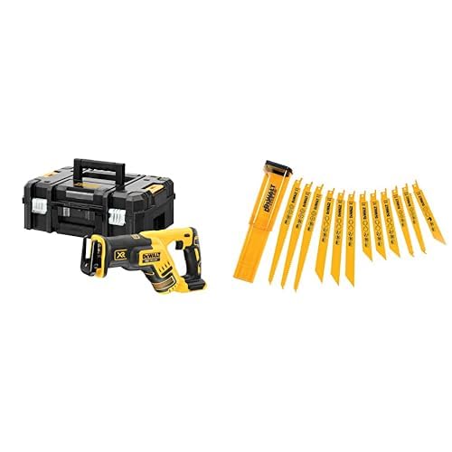 DeWalt Akku-Säbelsäge/Reciprosäge (18 Volt, extrem Kompakt, handlich, lange Laufzeit und Lebensdauer, inkl. TSTAK Box II) DCS367NT & DT2445 Set Säbelsägeblätter Mix (12-TLG.) von DEWALT