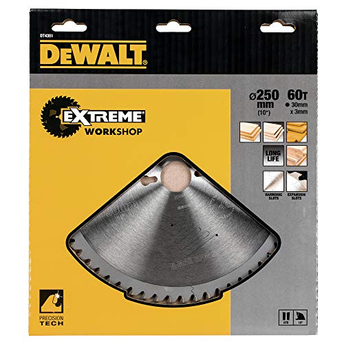 Dewalt Extreme Kreissägeblatt DT4351 (zum Einsatz auf Stationärsägen, für feine Schnitte, ø: 250 mm, Bohrung 30 mm, 60 Zähne, Wechselzahn-Zahngeometrie, 10° Zahnwinkel, 3,0 mm Schnittbreite) von DEWALT