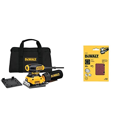 DeWalt Vibratiosnschleifer/Schwingschleifer (230 Watt, Schwingkreis-ø 1.6 mm, Schleifplatte 108 x 115 mm, Klettfix, AirLock kompatibel) & Schleifblätter 115x115 K80 8-L 10 St. von DEWALT