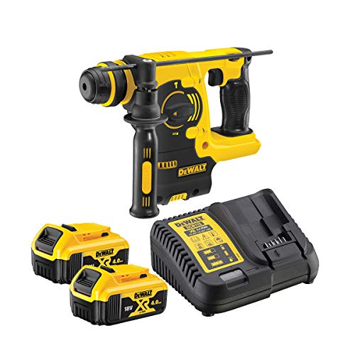 DEWALT 18V SDS Plus Akku-Kombihammer DCH253M2 (4.0 Ah, mit integriertem LED-Licht, mit elektropneumatischem Hammerwerk, inkl. Schnellladegerät, 2x Li-Ion-Akkus, Zusatzhandgriff, Transportkoffer) von DEWALT