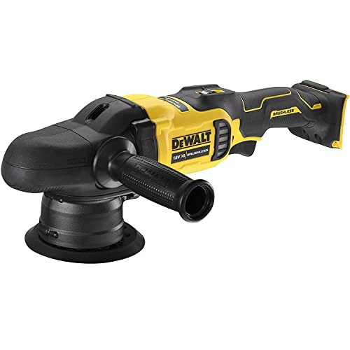 DEWALT 18V XR Akku-Exzenterpolierer DCM848N (180 mm, bürstenlos, Drehzahlvorwahl, elektronischer Sanftanlauf, gedämpfter Teller, mit Klettfix, inkl. Zusatzhandgriff, Lieferung ohne Akku + Ladegerät), DCM848N-XJ, Gelb von DEWALT