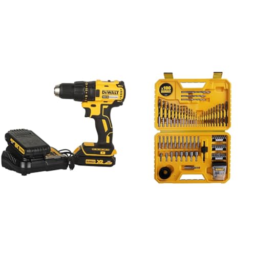Dewalt Akku-Bohrschrauber (18V, 1.5 Ah, bürstenlos, mit Zwei-Gang-Vollmetallgetriebe, 15 Drehmomentstufen) & DT71563, QZ Kombination Bohrer Set 100 Teile von DEWALT
