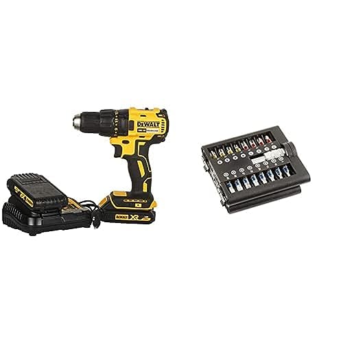 Dewalt Akku-Bohrschrauber (18V, 1.5 Ah, bürstenlos, mit Zwei-Gang-Vollmetallgetriebe, 15 Drehmomentstufen, inkl. zwei Akkus, System-Schnellladegerät und Tstak-Box) inkl. Bit-Set mit Bithalter von DEWALT