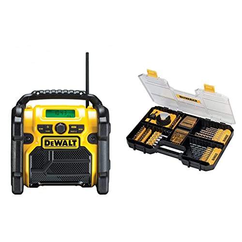 Dewalt Baustellenradio – 2in1 Akku Radio & Netz Radio mit AUX-Eingang, robustem Gehäuse, Kabelaufbewahrung, Antenne und Überrollbügel DCR019 + TSTAK Universalset (100-tlg, TSTAK kompatibel) DT71569 von DEWALT