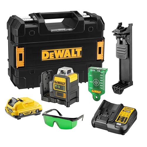 Dewalt 10,8 Volt 2x360° Linienlaser, Grün DCE0811D1G (Selbstnivellierend, horizontal & vertikal, inkl. 10,8 V/ 2 Ah XR-Akku, Ladegerät, Wandhalterung, Zieltafel, Lasersichtbrille, Koffer) 1 Stück von DEWALT