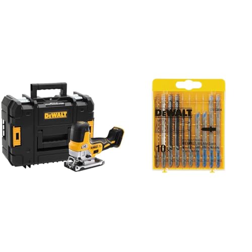 Dewalt DCS335NT-XJ Akku-Stichsaege, 18 V (Basisversion ohne Akku und Ladegerät) + HCS Stichsägeblatt-Set, 10 Stück (für Holz und Metall) DT2294 von Dewalt