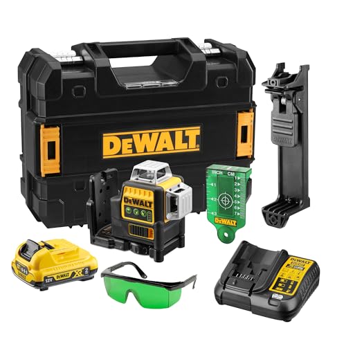 DEWALT XR 3 x 360° Akku-Multilinien-Laser grün (Selbstnivellierender Laser, mit Pulsmodus für Empfängereinsatz, Schutzklasse IP65, inkl. 12 Volt 2 Ah Akku und Ladegerät), DCE089D1G-QW von DEWALT