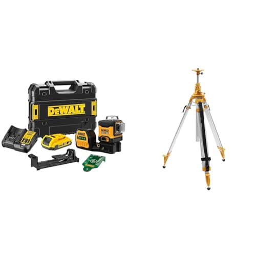 Dewalt Linienlaser (selbstnivellierender 3x360°,10,8V, 2Ah, manueller Modus ab 4° (Blinkmodus) & Aluminium-Stativ/Kurbelstativ von DEWALT