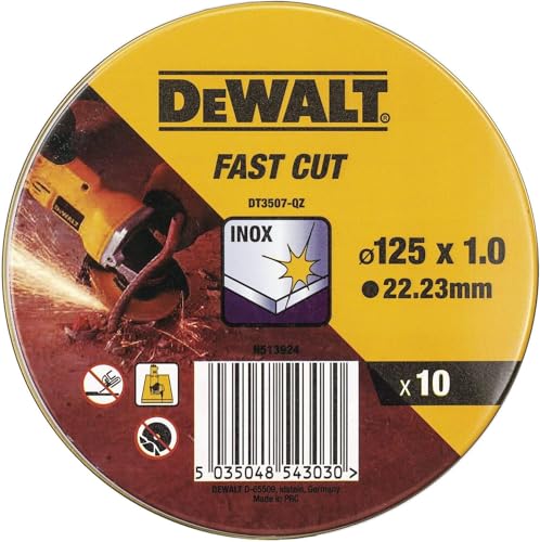 Dewalt 10er Dose Trennscheibe Inox Edelstahl DT3507 (Standard Edelstahl-Trennscheibe - flach, ø 125 mm x 1,0 mm, für schnelle und saubere Schnitte, mit verstärktem Fiberglas, für Winkelschleifer) von DEWALT