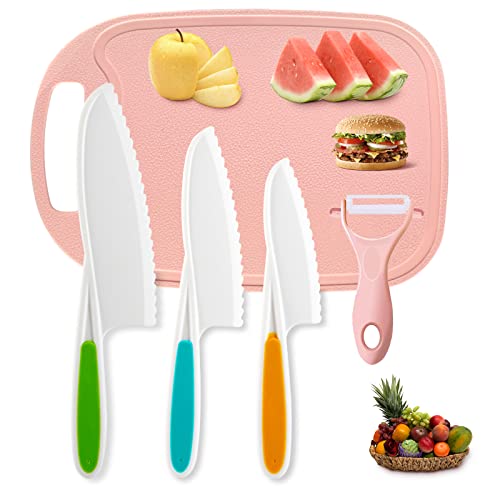 DEWE Kinder Küchen Messer,Kindermesser Sets Nylon Kunststoff Chef Kiiche Anfänger Schneidebrett Sicher Kochen Fest Farben Echte Passform Kochmesser Obst Gemüse Freundlich Stabiler Schäler5Pack Pink von DEWE