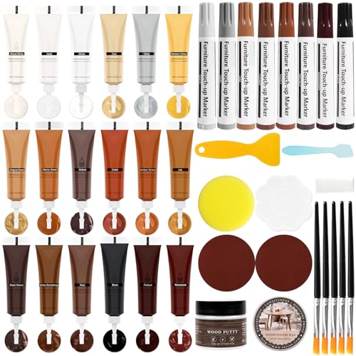 DEWEL 18 Farben Holzkitt Reparatur set, 40 Set, Holzspachtel 50 g, 18 Farben Holzfüller und 8 Farben Board-Ausbesserungsmarker, Laminatfußboden die Reparatur von kleinen Kratzern, Risse in Möbeln von DEWEL
