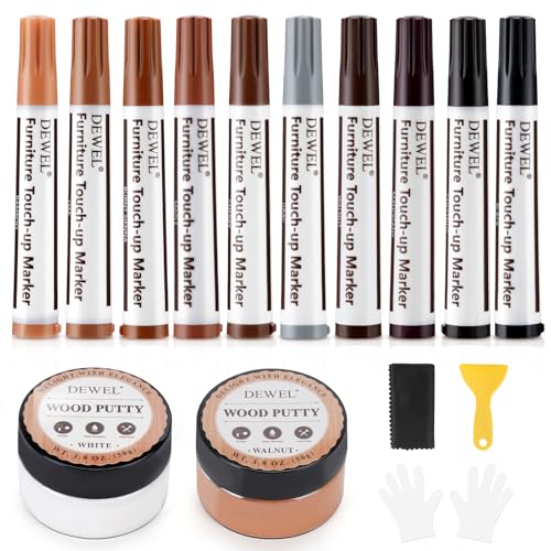 DEWEL Laminat Reparaturset,10 Farben Holzmarker, 50g Holzkitt Weiß und Walnusstöne, Zum Abdecken und Ausbessern von Kratzern und Rissen auf Holzmöbeloberflächen von DEWEL