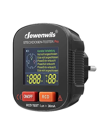 DEWENWILS Steckdosentester, Stromprüfer mit RCD-Prüfung und LCD-Display, 6 Arten von Fehlerdiagnose, Leckspannungs- und Stromanzeige, FI Test, 48-250V/45-65Hz, CAT ll 300V von DEWENWILS