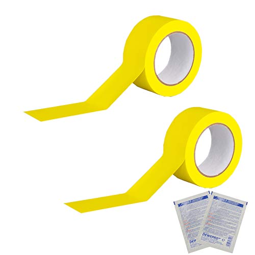 DEWEPRO 2 Stück ROCOL® EasyTape™ Markierungsband in Gelb 75mm x 33m - hoch belastbares, selbstklebendes PVC-Band - inkl. 2 Stück SingleScrubs Reinigungstuch von DEWEPRO