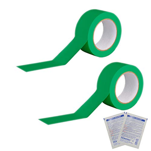 2 Stück ROCOL® EasyTape™ Markierungsband in Grün 50mm x 33m - hoch belastbares, selbstklebendes PVC-Band - inkl. 2 Stück DEWEPRO® SingleScrubs Reinigungstuch von DEWEPRO