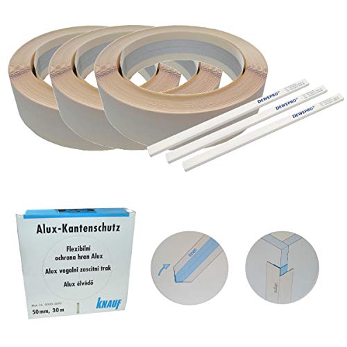 3 St. KNAUF® Alux-Kantenschutz - 30m Rolle - flexibler Kantenschutz, Eckschutz für den Trockenbau - im Set inkl. 3 St. DEWEPRO® Zimmermannsbleistift von DEWEPRO