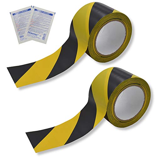 DEWEPRO 2 Stück ROCOL® EasyTape™ Markierungsband in Schwarz/Gelb gestreift 75mm x 33m - hoch belastbares, selbstklebendes PVC-Band - inkl. 2 Stück SingleScrubs Reinigungstuch von DEWEPRO