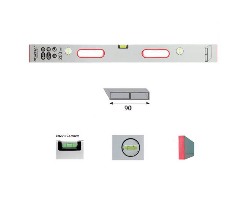 DEWEPRO Wasserwaage DEWEPRO Alu Richtlatte Setzlatte - 3 Libellen - 2 Handgriffe 200cm 2m von DEWEPRO